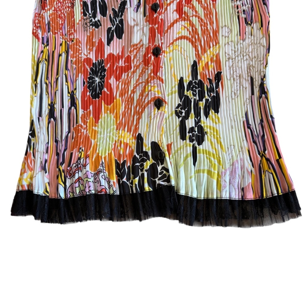 Alberto Makali‎ Y2K Pleated Floral Blouse Ruffle Neck Applique Art to Wear Sz L - Picture 3 of 8